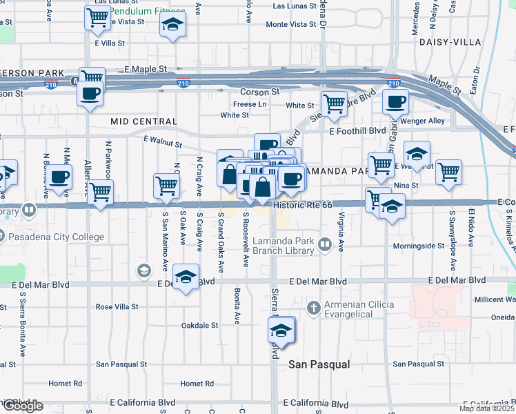 map of restaurants, bars, coffee shops, grocery stores, and more near 2320 West Historic Route 66 in Pasadena