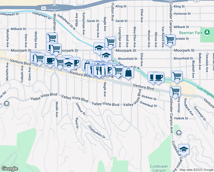 map of restaurants, bars, coffee shops, grocery stores, and more near 4172 Nagle Avenue in Los Angeles