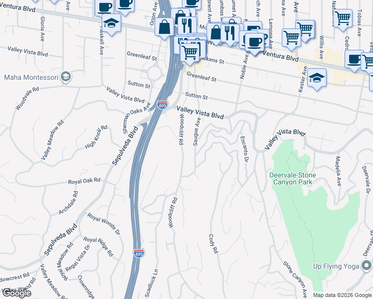 map of restaurants, bars, coffee shops, grocery stores, and more near 4144 Woodcliff Road in Los Angeles