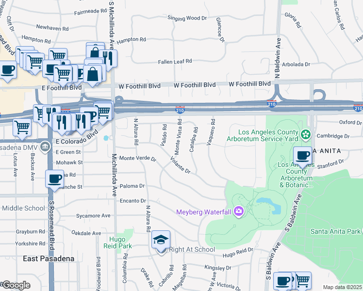 map of restaurants, bars, coffee shops, grocery stores, and more near 430 Monte Vista Road in Arcadia