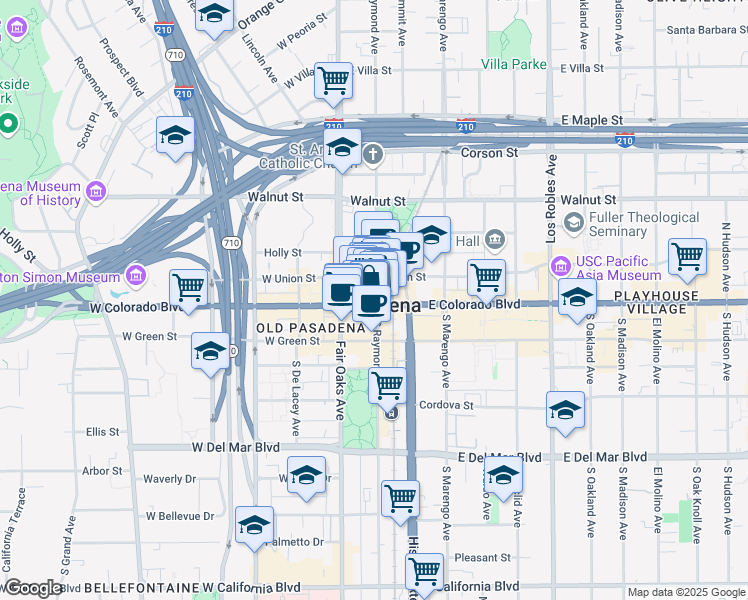 map of restaurants, bars, coffee shops, grocery stores, and more near 65 East Colorado Boulevard in Pasadena