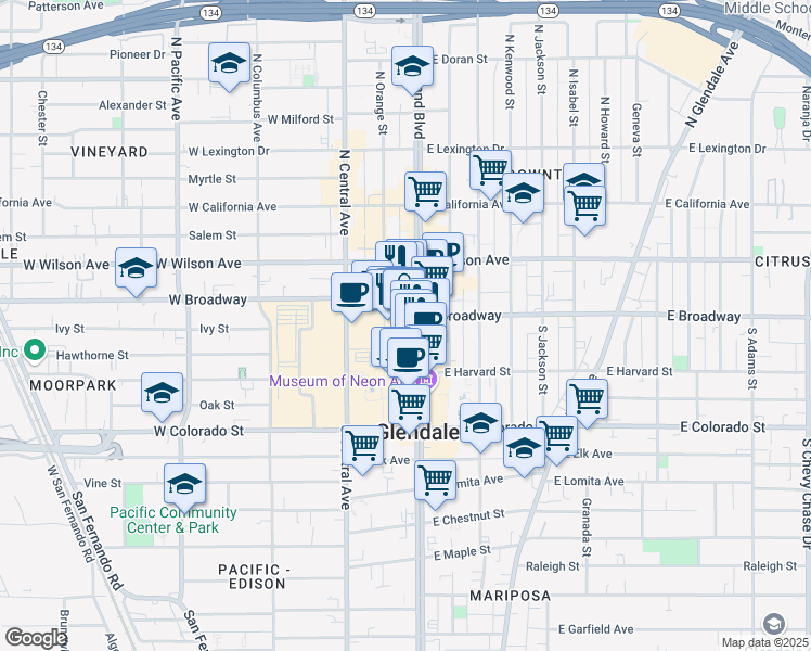 map of restaurants, bars, coffee shops, grocery stores, and more near 103 South Brand Boulevard in Glendale