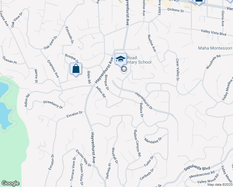 map of restaurants, bars, coffee shops, grocery stores, and more near 16541 Bosque Drive in Los Angeles