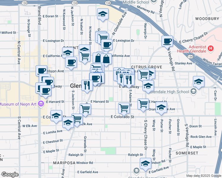 map of restaurants, bars, coffee shops, grocery stores, and more near 814 East Broadway in Glendale