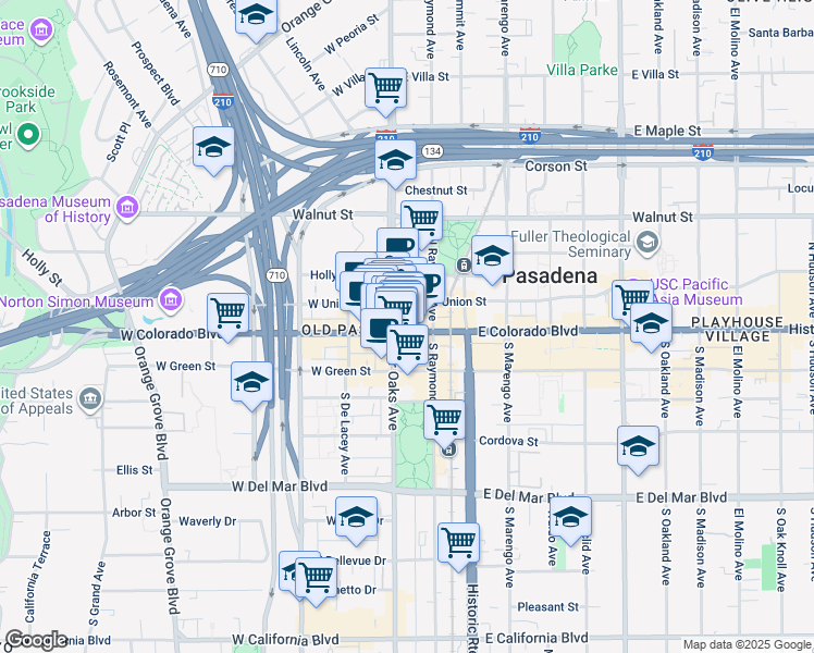 map of restaurants, bars, coffee shops, grocery stores, and more near 1 North Fair Oaks Avenue in Pasadena