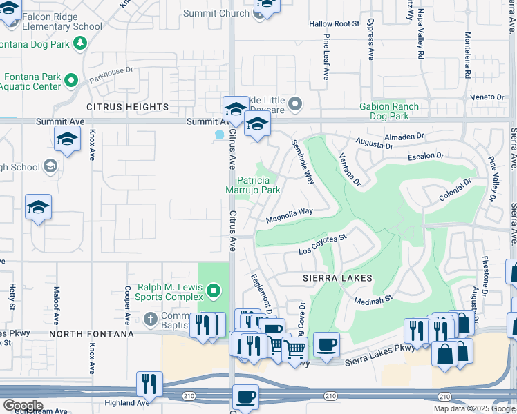 map of restaurants, bars, coffee shops, grocery stores, and more near 5952 Wilshire Drive in Fontana