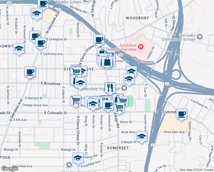 map of restaurants, bars, coffee shops, grocery stores, and more near 101 South Verdugo Road in Glendale