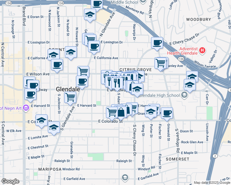 map of restaurants, bars, coffee shops, grocery stores, and more near 99 North Adams Street in Glendale