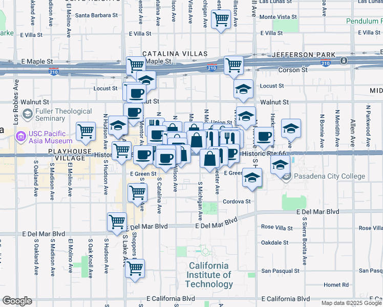 map of restaurants, bars, coffee shops, grocery stores, and more near 6 Mar Vista Avenue in Pasadena