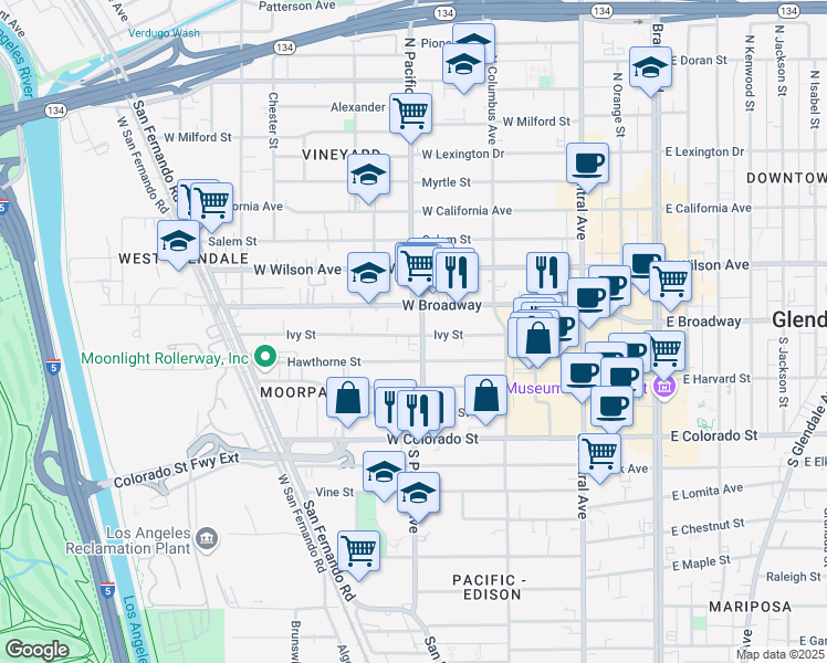 map of restaurants, bars, coffee shops, grocery stores, and more near 121 South Pacific Avenue in Glendale