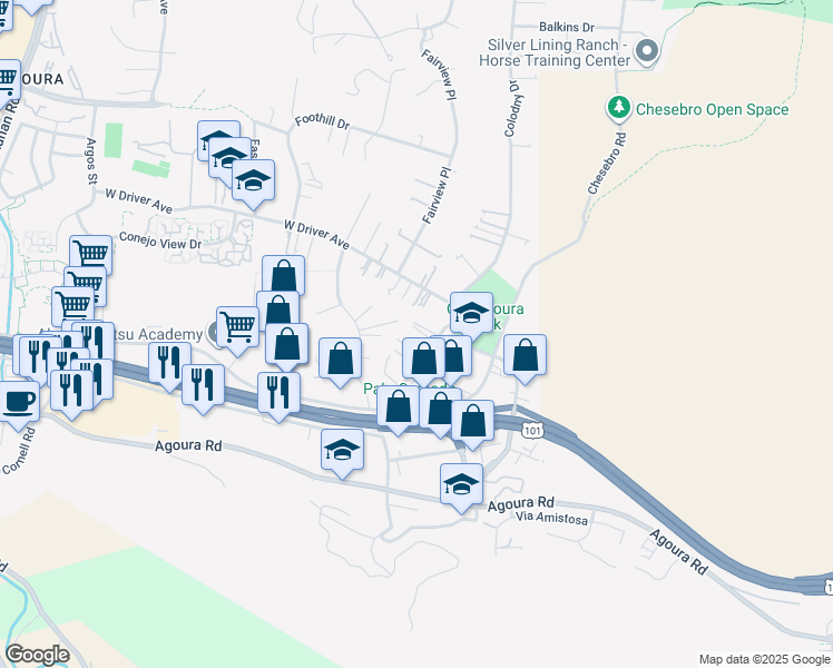 map of restaurants, bars, coffee shops, grocery stores, and more near 5315 Colodny Drive in Agoura Hills