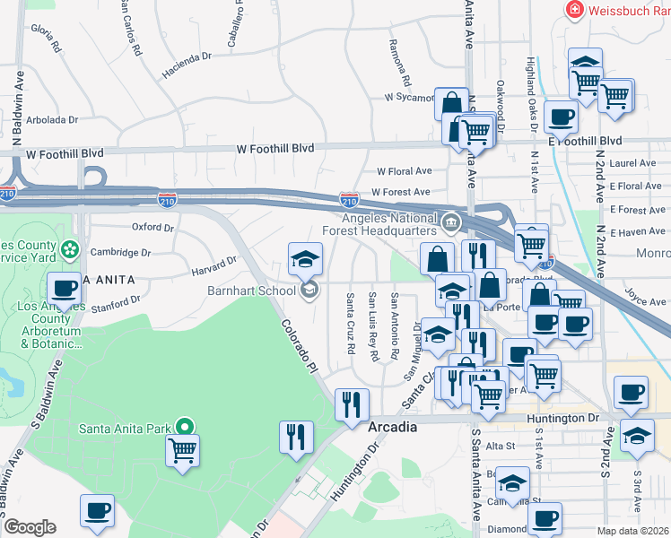 map of restaurants, bars, coffee shops, grocery stores, and more near 512 Santa Rosa Road in Arcadia