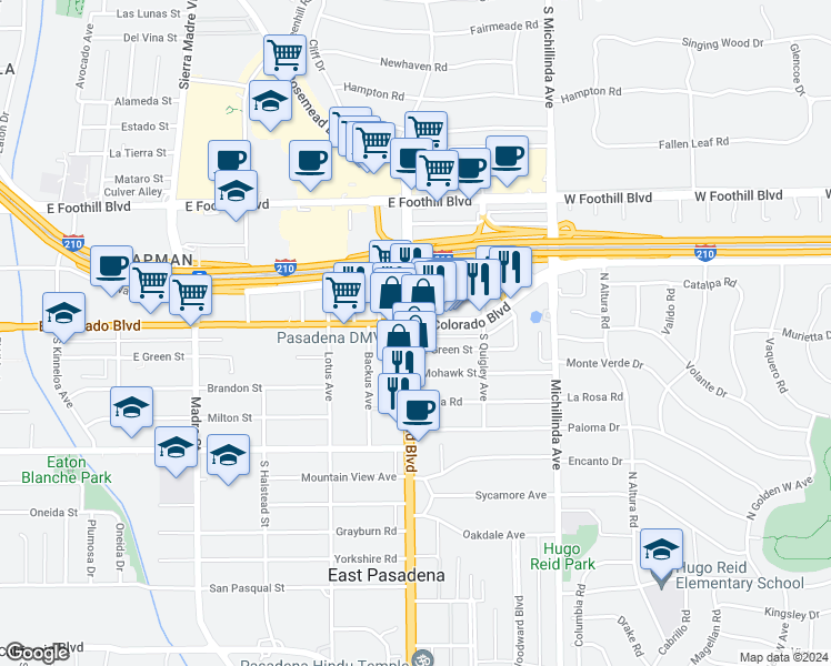 map of restaurants, bars, coffee shops, grocery stores, and more near 3722 East Colorado Boulevard in Pasadena