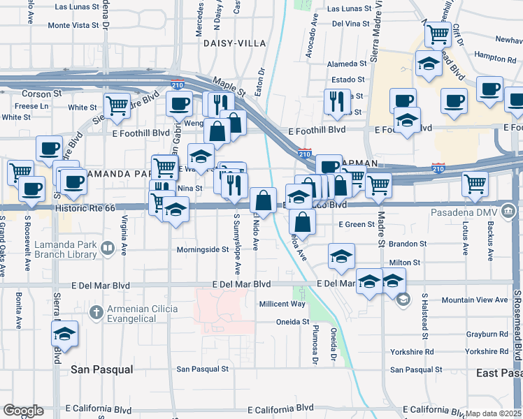 map of restaurants, bars, coffee shops, grocery stores, and more near 2960 East Colorado Boulevard in Pasadena