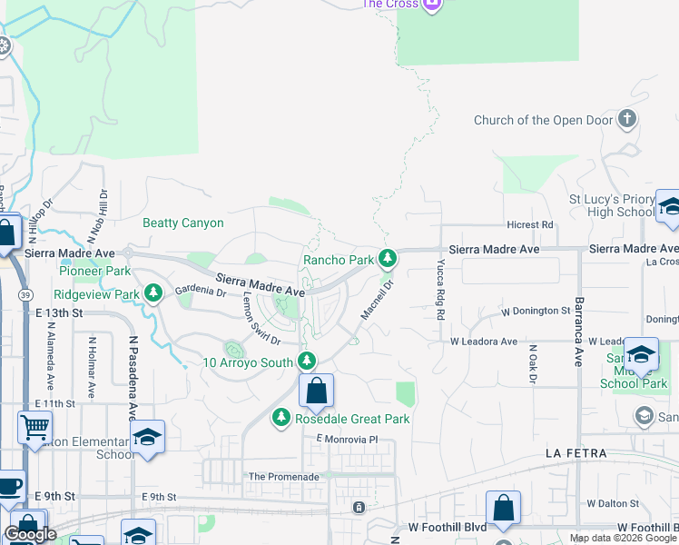 map of restaurants, bars, coffee shops, grocery stores, and more near 791 East Wilsford Way in Azusa