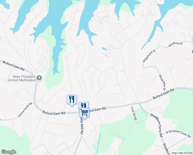 map of restaurants, bars, coffee shops, grocery stores, and more near 5864 Saint Miles Drive in Buford