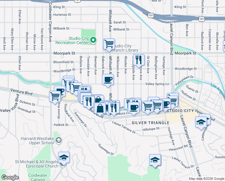 map of restaurants, bars, coffee shops, grocery stores, and more near 4128 Whitsett Avenue in Los Angeles