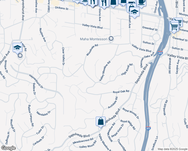 map of restaurants, bars, coffee shops, grocery stores, and more near 15894 High Knoll Road in Los Angeles