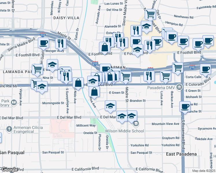 map of restaurants, bars, coffee shops, grocery stores, and more near 3200 Historic Route 66 in Pasadena