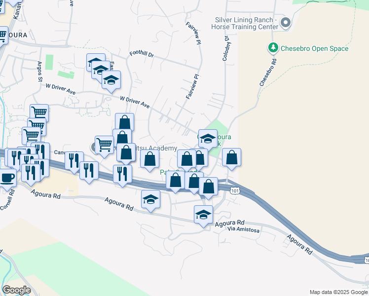 map of restaurants, bars, coffee shops, grocery stores, and more near 5321 Colodny Drive in Agoura Hills