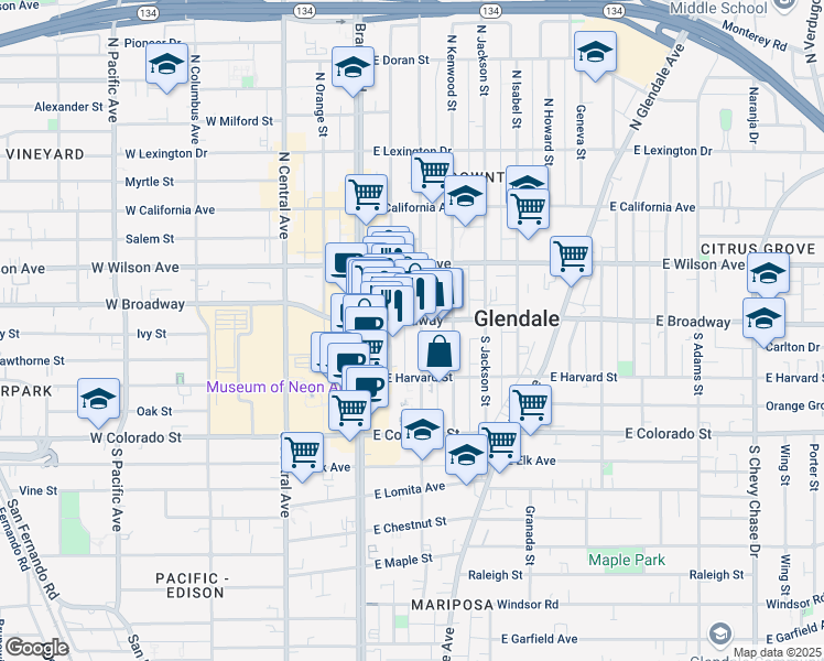 map of restaurants, bars, coffee shops, grocery stores, and more near 220 East Broadway in Glendale