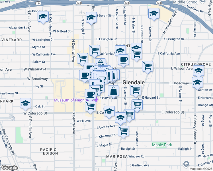 map of restaurants, bars, coffee shops, grocery stores, and more near 115 East Broadway in Glendale