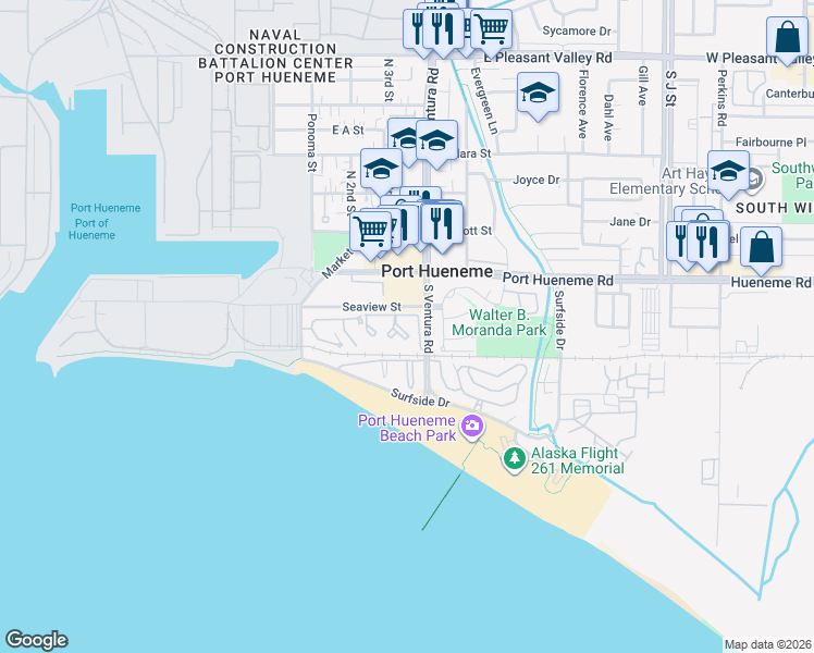 map of restaurants, bars, coffee shops, grocery stores, and more near 225 South Ventura Road in Port Hueneme