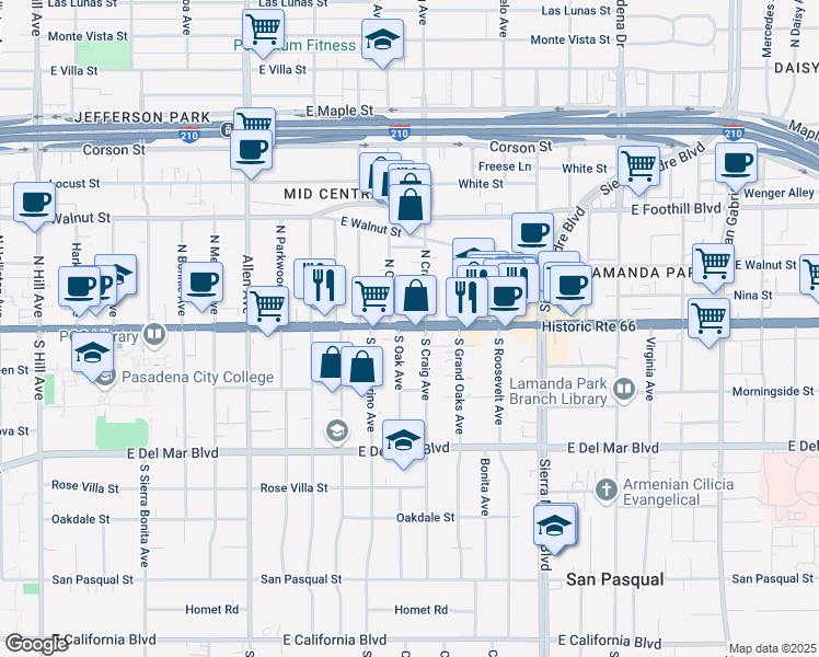 map of restaurants, bars, coffee shops, grocery stores, and more near 2112 East Colorado Boulevard in Pasadena