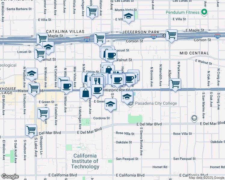 map of restaurants, bars, coffee shops, grocery stores, and more near 2 North Hill Avenue in Pasadena