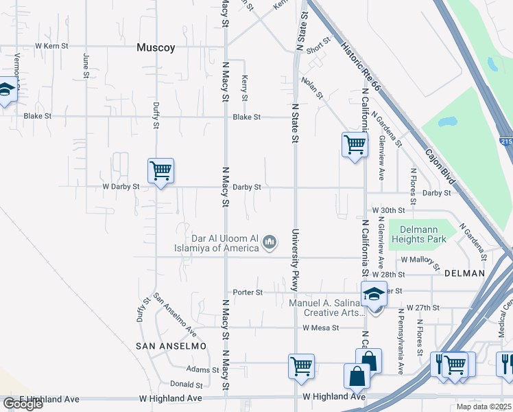 map of restaurants, bars, coffee shops, grocery stores, and more near 2047 Darby Street in Muscoy