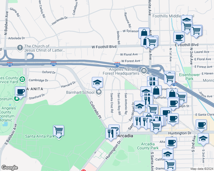 map of restaurants, bars, coffee shops, grocery stores, and more near 512 Santa Rosa Road in Arcadia