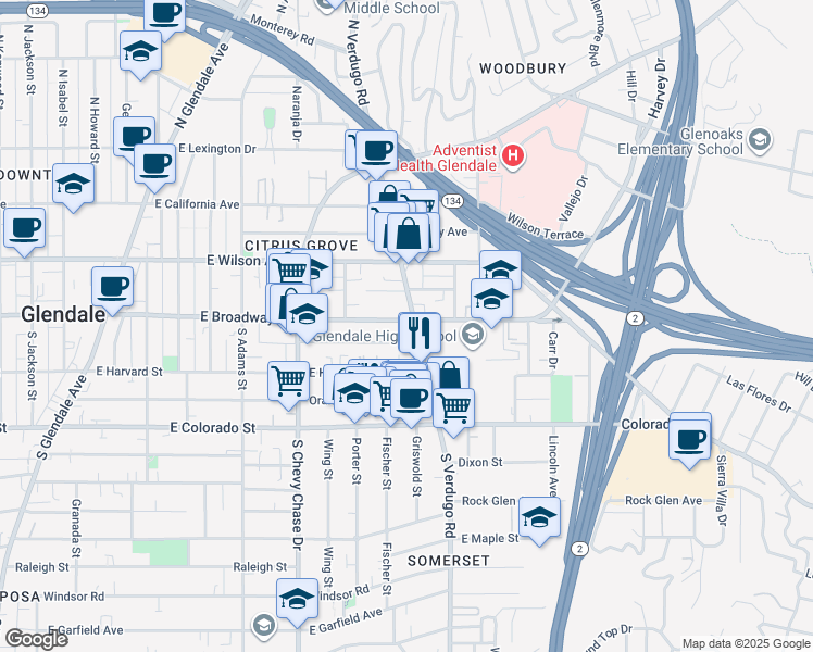map of restaurants, bars, coffee shops, grocery stores, and more near 101 South Verdugo Road in Glendale