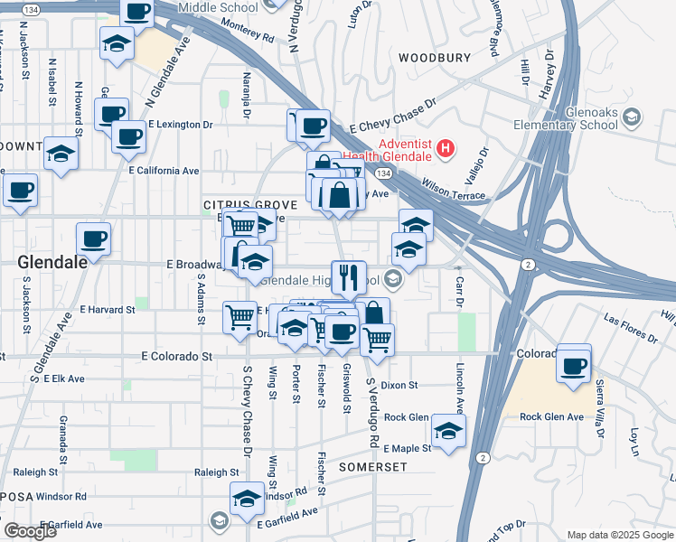 map of restaurants, bars, coffee shops, grocery stores, and more near 101 South Verdugo Road in Glendale