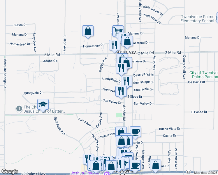 map of restaurants, bars, coffee shops, grocery stores, and more near 73598 Sunnyvale Drive in Twentynine Palms