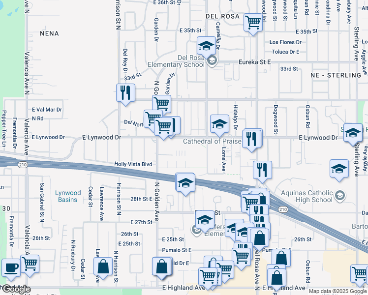 map of restaurants, bars, coffee shops, grocery stores, and more near 1277 East Lynwood Drive in San Bernardino