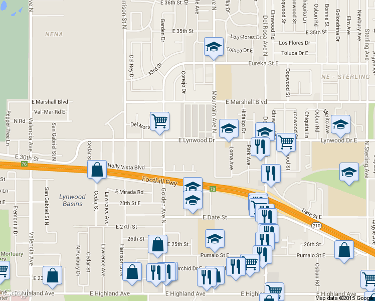 map of restaurants, bars, coffee shops, grocery stores, and more near 1277 East Lynwood Drive in San Bernardino