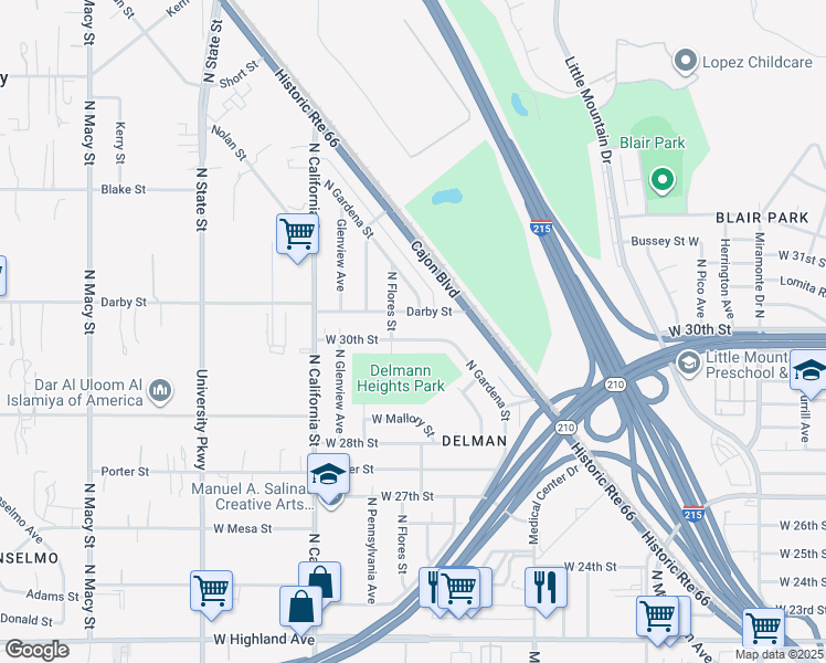 map of restaurants, bars, coffee shops, grocery stores, and more near 1750 West 30th Street in San Bernardino