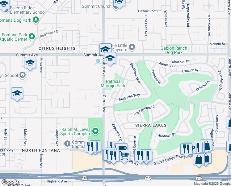 map of restaurants, bars, coffee shops, grocery stores, and more near 5952 Wilshire Drive in Fontana