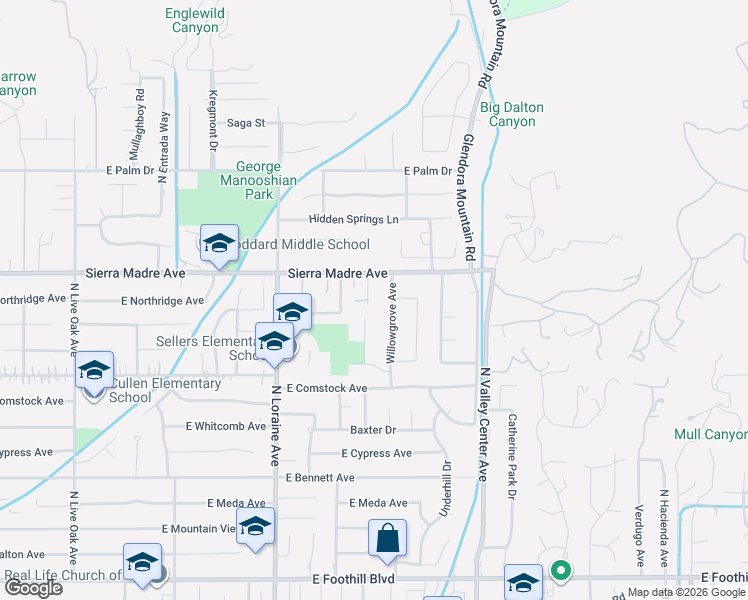 map of restaurants, bars, coffee shops, grocery stores, and more near 631 Willowgrove Avenue in Glendora