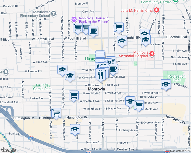 map of restaurants, bars, coffee shops, grocery stores, and more near 125 West Colorado Boulevard in Monrovia