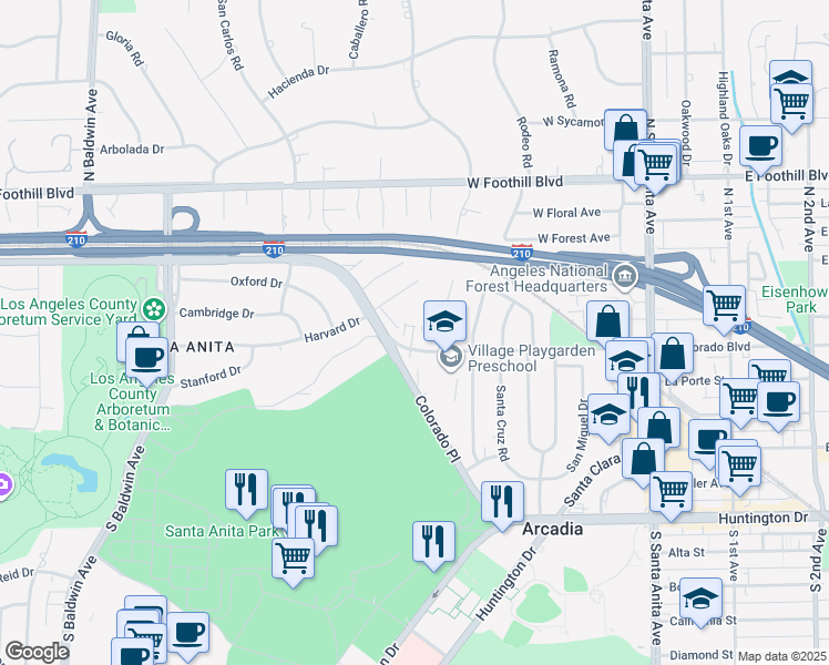 map of restaurants, bars, coffee shops, grocery stores, and more near 245 Colorado Boulevard in Arcadia