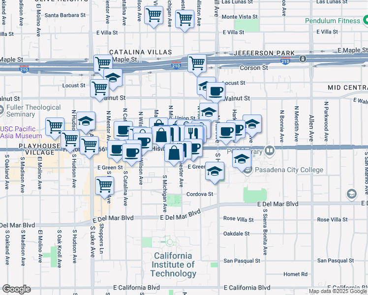 map of restaurants, bars, coffee shops, grocery stores, and more near 1227 East Colorado Boulevard in Pasadena