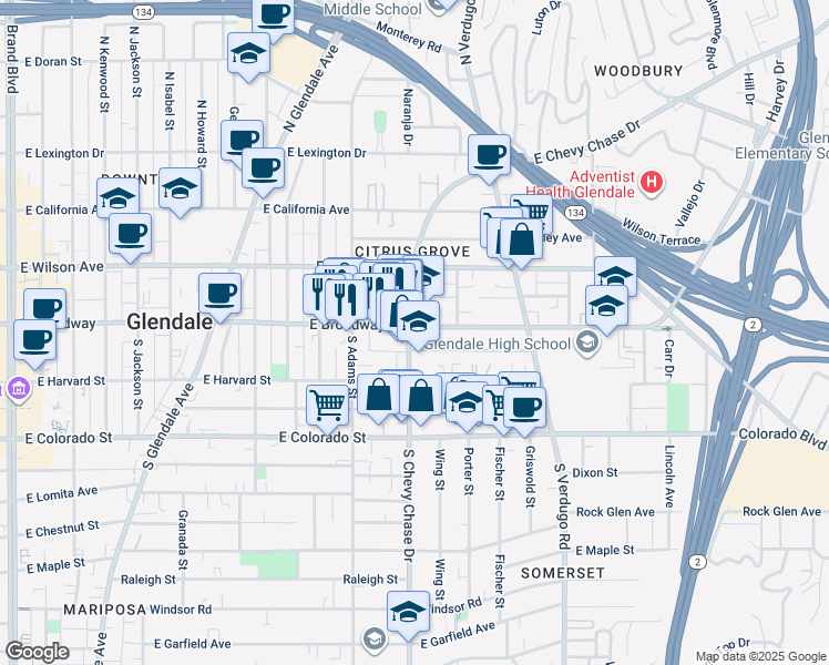 map of restaurants, bars, coffee shops, grocery stores, and more near 1214 A East Broadway in Glendale