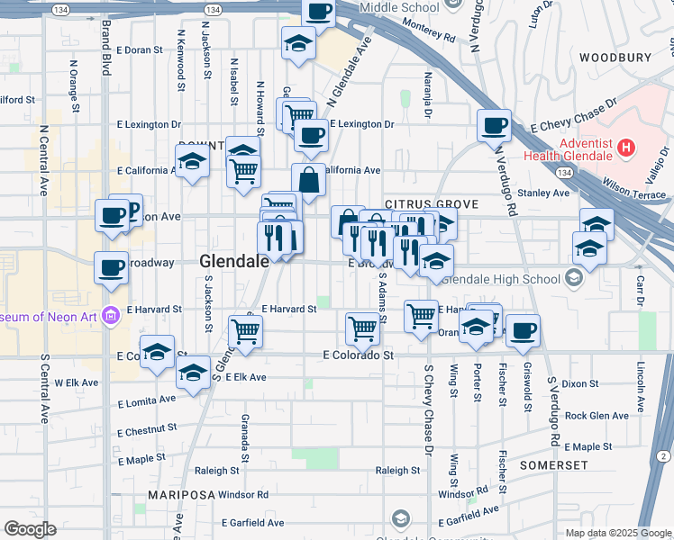 map of restaurants, bars, coffee shops, grocery stores, and more near 920 East Broadway in Glendale