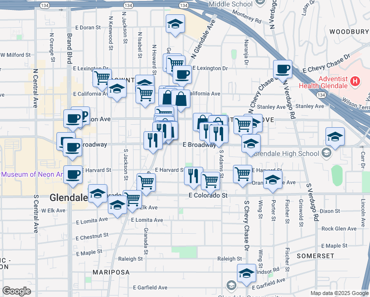 map of restaurants, bars, coffee shops, grocery stores, and more near 814 East Broadway in Glendale