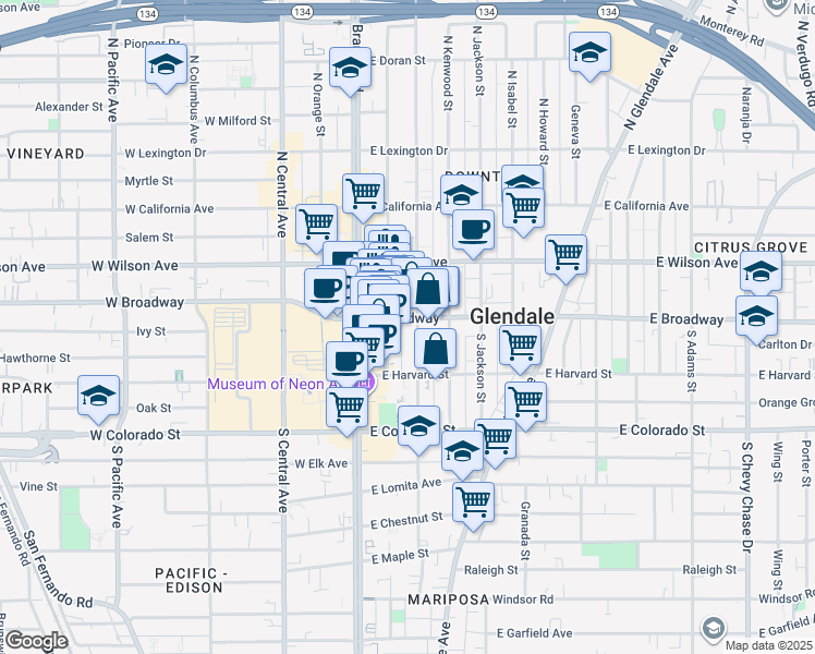 map of restaurants, bars, coffee shops, grocery stores, and more near 115 East Broadway in Glendale