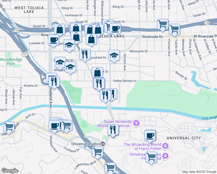 map of restaurants, bars, coffee shops, grocery stores, and more near 4205 Cahuenga Boulevard in Los Angeles