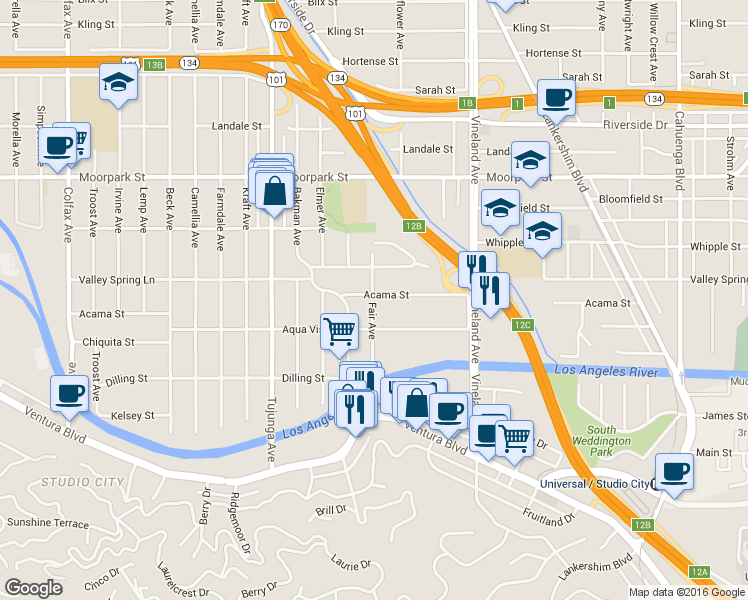 map of restaurants, bars, coffee shops, grocery stores, and more near 11168 Acama Street in Los Angeles