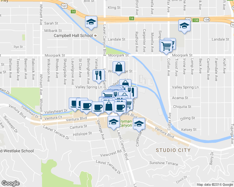 map of restaurants, bars, coffee shops, grocery stores, and more near 12118 Hoffman Street in Los Angeles
