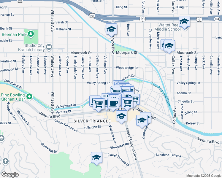 map of restaurants, bars, coffee shops, grocery stores, and more near 12127 Valleyheart Drive in Los Angeles